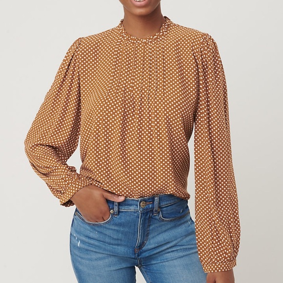 LOFT Tops - LOFT Dotted Pintucked Blouse Size Medium Brown Vivid Vicuna Career Workwear